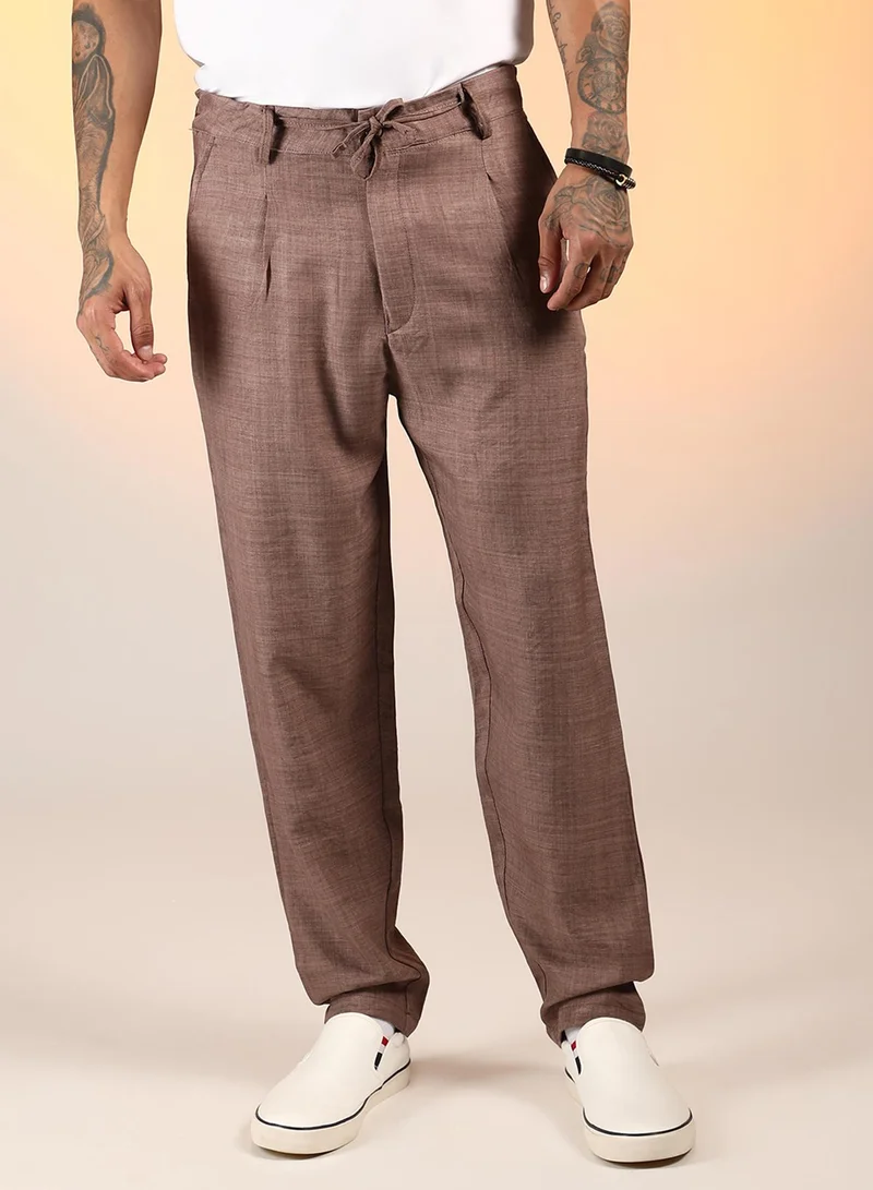 كامبوس سوترا Men's Ash Brown Solid Pleated Trousers For Casual Wear | Mid-Rise | Regular Fit | Drawstring Closure | Trousers Crafted With Comfort Fit For Everyday Wear
